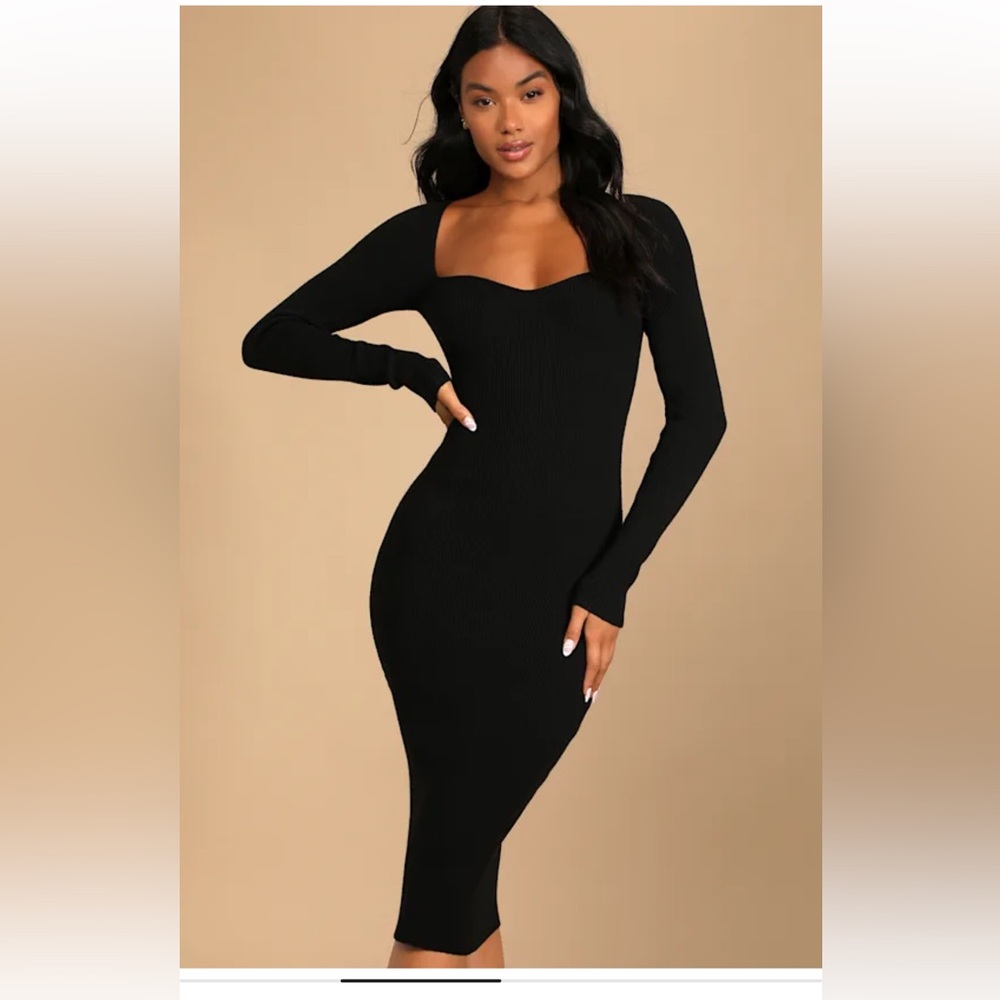 LULU’s Ribbed Elegant Black Long Sleeve Sweater Party Dress Sweetheart Neckline